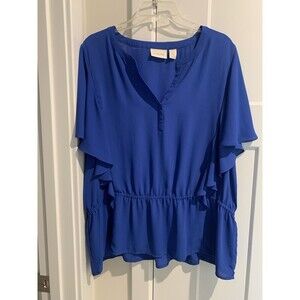 Chico's Women's Top Blouse Royal Blue Ruffle Sleeve V-Neck Peplum Waist Sz 3 XL